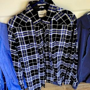 Black, blue and white plaid express button up. Fitted. Size large.